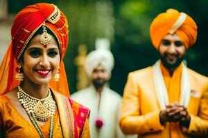 a bride and groom in orange turbans. AI-Generated photo