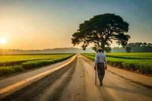 a man walking down a dirt road in the middle of a field. AI-Generated photo