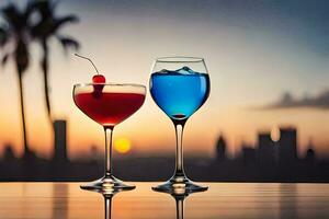 two glasses of cocktails with sunset in the background. AI-Generated photo