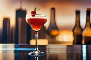 a cocktail with a cherry on top sits on a table in front of a city skyline. AI-Generated photo