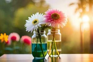 two glass jars with flowers in them on a table. AI-Generated photo