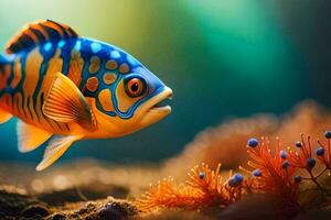 a fish with blue and orange stripes is swimming in the ocean. AI-Generated photo