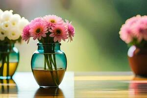 three vases with pink flowers in them on a table. AI-Generated photo