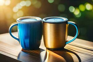 two coffee mugs on a wooden table. AI-Generated photo