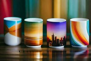 four colorful cups with different designs on them. AI-Generated photo