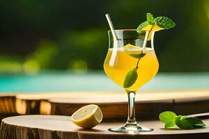 un vaso de limonada con menta hojas en un de madera mesa. generado por ai foto