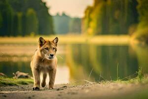 a dog walking along a path near a lake. AI-Generated photo