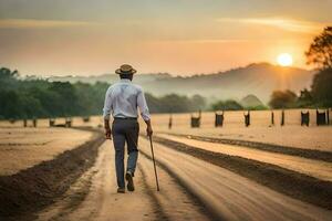 un hombre caminando en un suciedad la carretera con un caña a puesta de sol. generado por ai foto