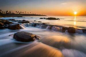 un hermosa puesta de sol terminado el Oceano con olas estrellarse en el rocas generado por ai foto