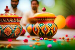 colorful pots sitting on a table with two men in the background. AI-Generated photo