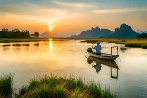 a man in a boat on a river at sunset. AI-Generated photo