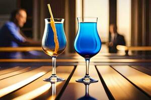 two glasses of blue liquid sitting on a table. AI-Generated photo