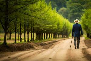 un hombre en un traje y sombrero caminando abajo un suciedad la carretera. generado por ai foto