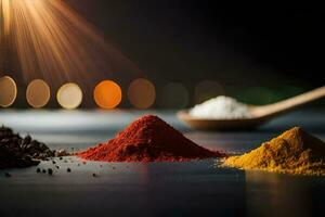 different spices and spices on a table. AI-Generated photo