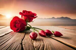 roses on a wooden table with sunset in the background. AI-Generated photo