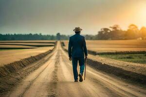 un hombre en un traje y sombrero caminando abajo un suciedad la carretera. generado por ai foto