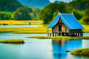 a blue hut sits on the edge of a lake. AI-Generated photo