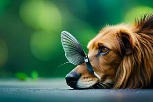 a dog with a butterfly on its nose. AI-Generated photo