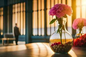 a vase with pink flowers sitting on a table. AI-Generated photo