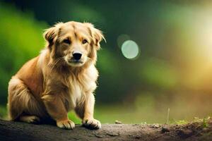 a golden retriever sitting on a dirt road. AI-Generated photo