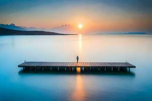 a man standing on a pier looking at the sun. AI-Generated photo