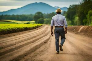 a man walking down a dirt road in front of a field. AI-Generated photo