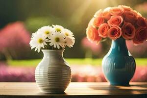 two vases with flowers on a table. AI-Generated photo