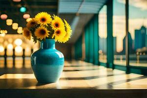 sunflowers in a vase on a table in front of a window. AI-Generated photo
