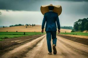 un hombre en un traje y sombrero caminando abajo un suciedad la carretera. generado por ai foto