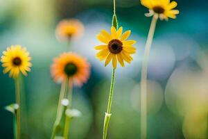 amarillo flores en un campo con un borroso antecedentes. generado por ai foto