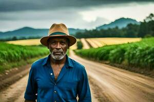 a man in a hat standing on a dirt road. AI-Generated photo