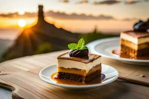 two desserts on plates with a sunset in the background. AI-Generated photo