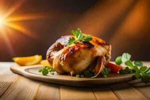 un pollo en un de madera plato con un rebanada de limón. generado por ai foto