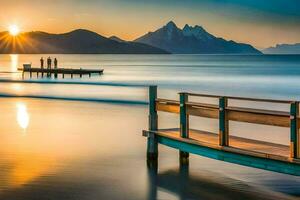 a pier at sunset with mountains in the background. AI-Generated photo