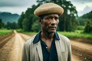 a man wearing a hat stands on a dirt road. AI-Generated photo