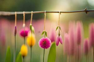 flowers hanging from a branch in a field. AI-Generated photo