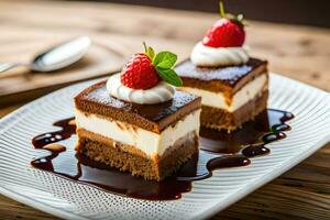 dos piezas de chocolate pastel con fresas en cima. generado por ai foto