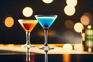 two colorful cocktails sit on a table in front of a bright light. AI-Generated photo