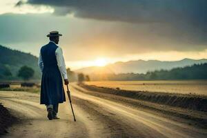 a man in a suit and hat walking down a dirt road. AI-Generated photo