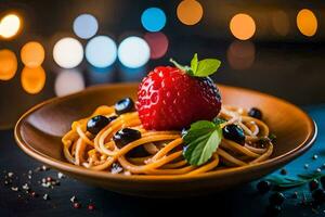 spaghetti with berries and basil on a wooden plate. AI-Generated photo