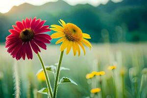 two colorful flowers are standing in a field. AI-Generated photo