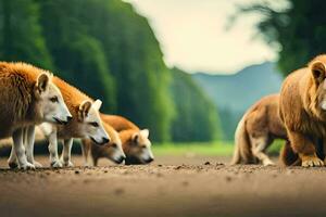 photo wallpaper the road, animals, dogs, lions, the road, animals, animals, animals. AI-Generated