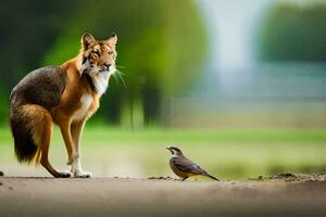 a fox and a bird standing on the road. AI-Generated photo