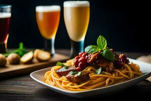 spaghetti with meat and beer on a wooden table. AI-Generated photo