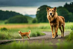 un perro y un perrito caminando en un suciedad la carretera. generado por ai foto