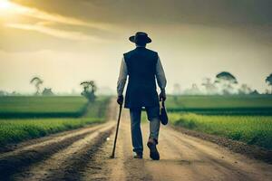 un hombre caminando abajo un suciedad la carretera con un caña. generado por ai foto