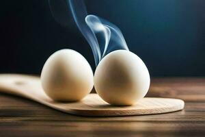 two eggs on a wooden cutting board with smoke coming out of them. AI-Generated photo