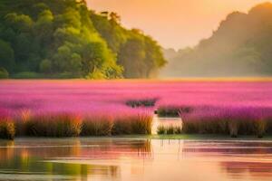 a field of pink flowers in the middle of a lake. AI-Generated photo