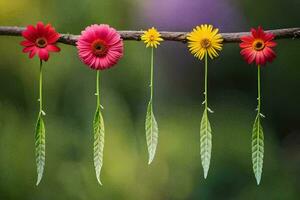 four colorful flowers hanging from a branch. AI-Generated photo