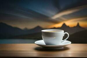 coffee cup on the table with mountains in the background. AI-Generated photo